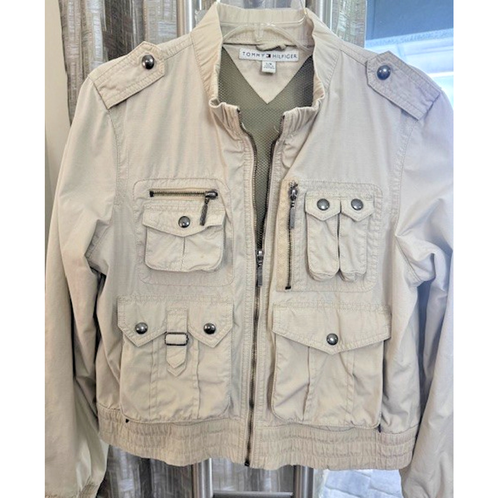 VINTAGE Tommy Hilfiger Khaki Bomber Jacket Womens fish ammo LARGE Safari Pockets